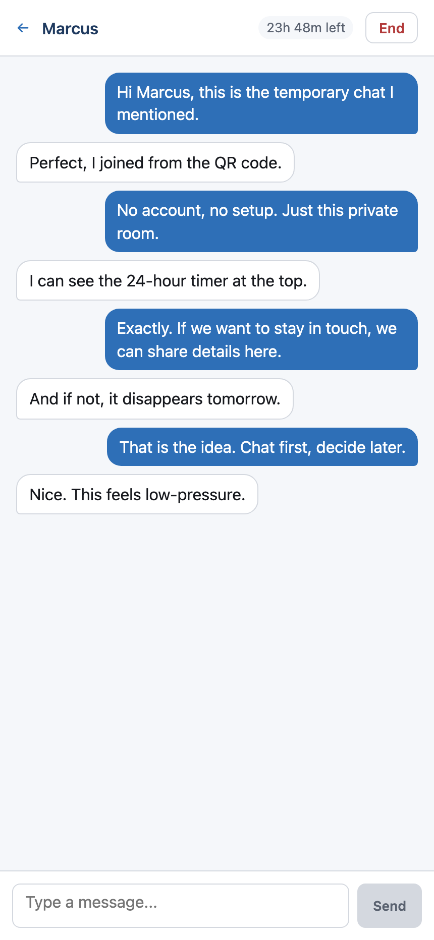 TillTom temporary chat screen with messages and 24-hour timer