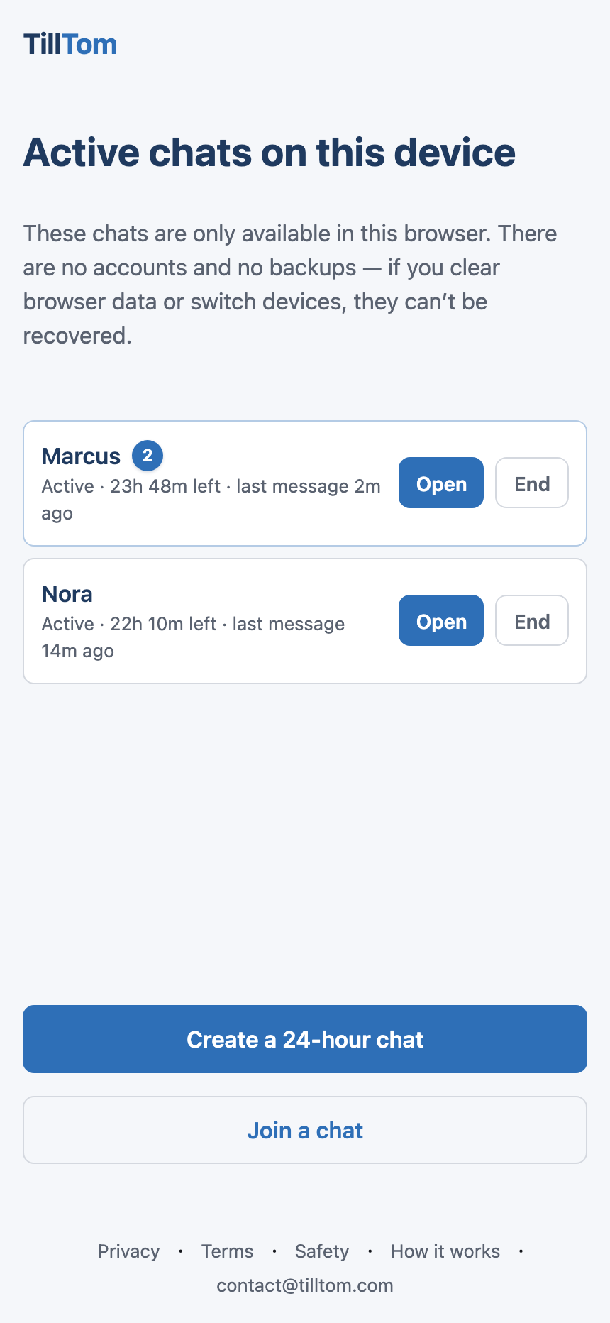 TillTom active chats list showing unread messages and active chat timers