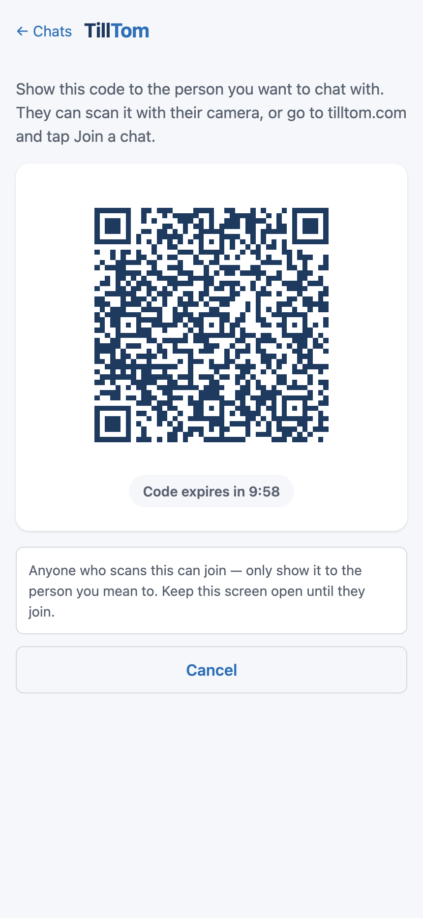 TillTom QR code screen for starting a temporary chat